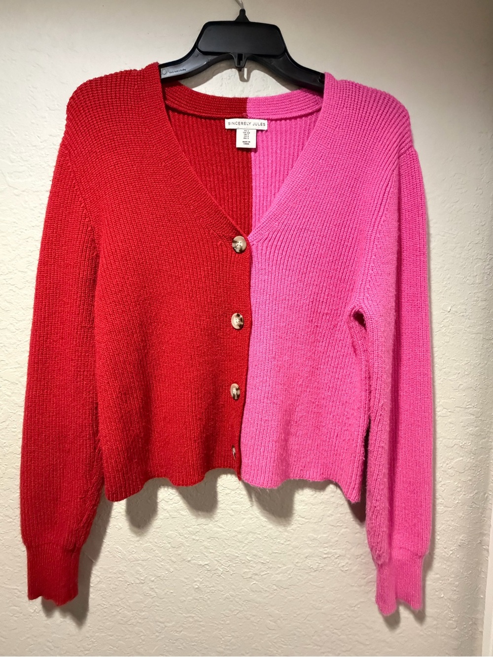Sincerly Jules Two-Tone V-Neck Button Cardigan in Red & Pink